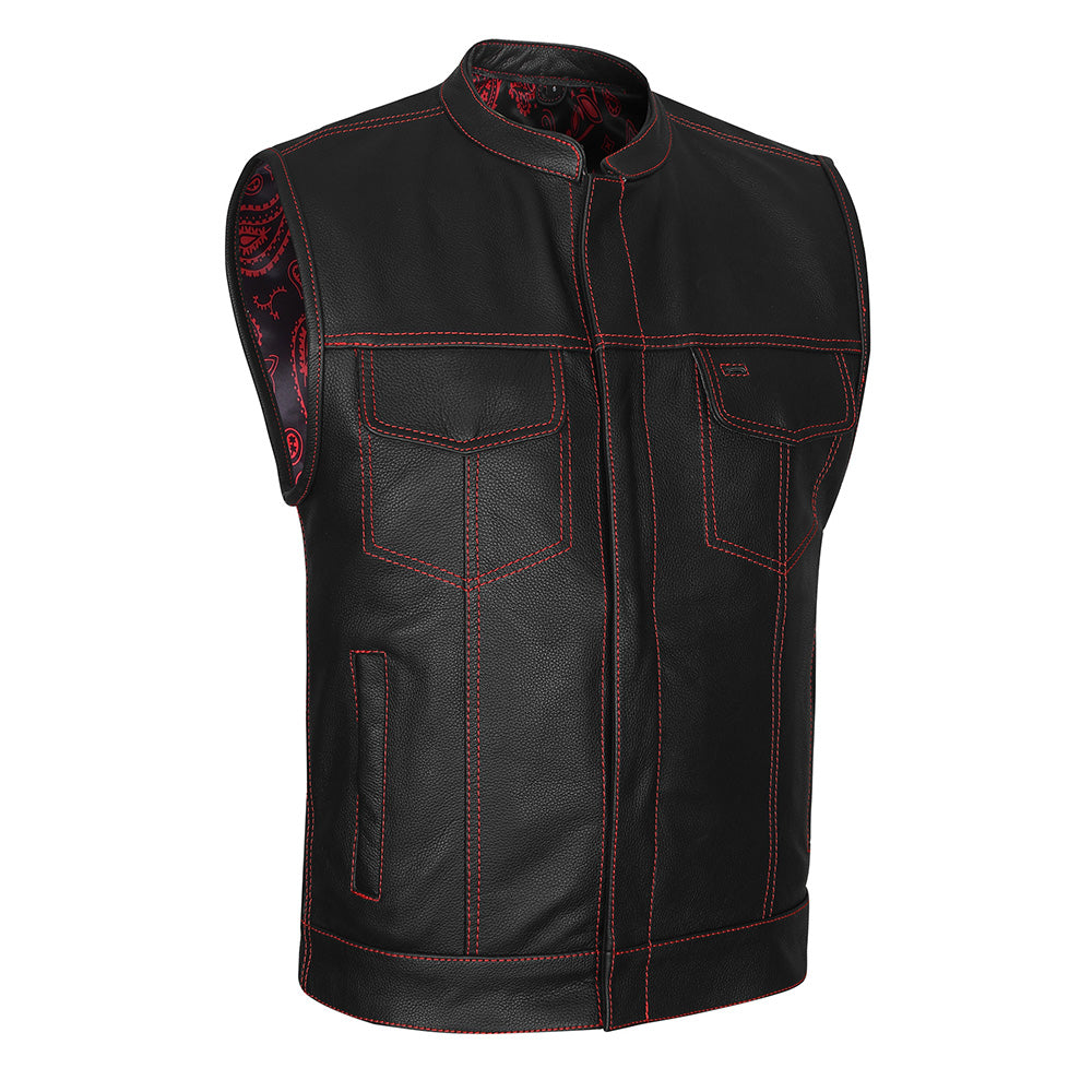 Leather Universe 522 Red Stitch Biker Vest with Black and Red Bandana Liner