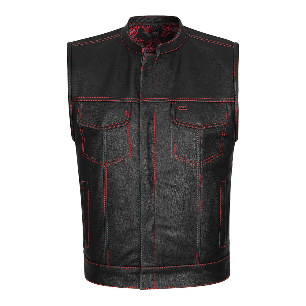 Leather Universe 522 Red Stitch Biker Vest with Black and Red Bandana Liner
