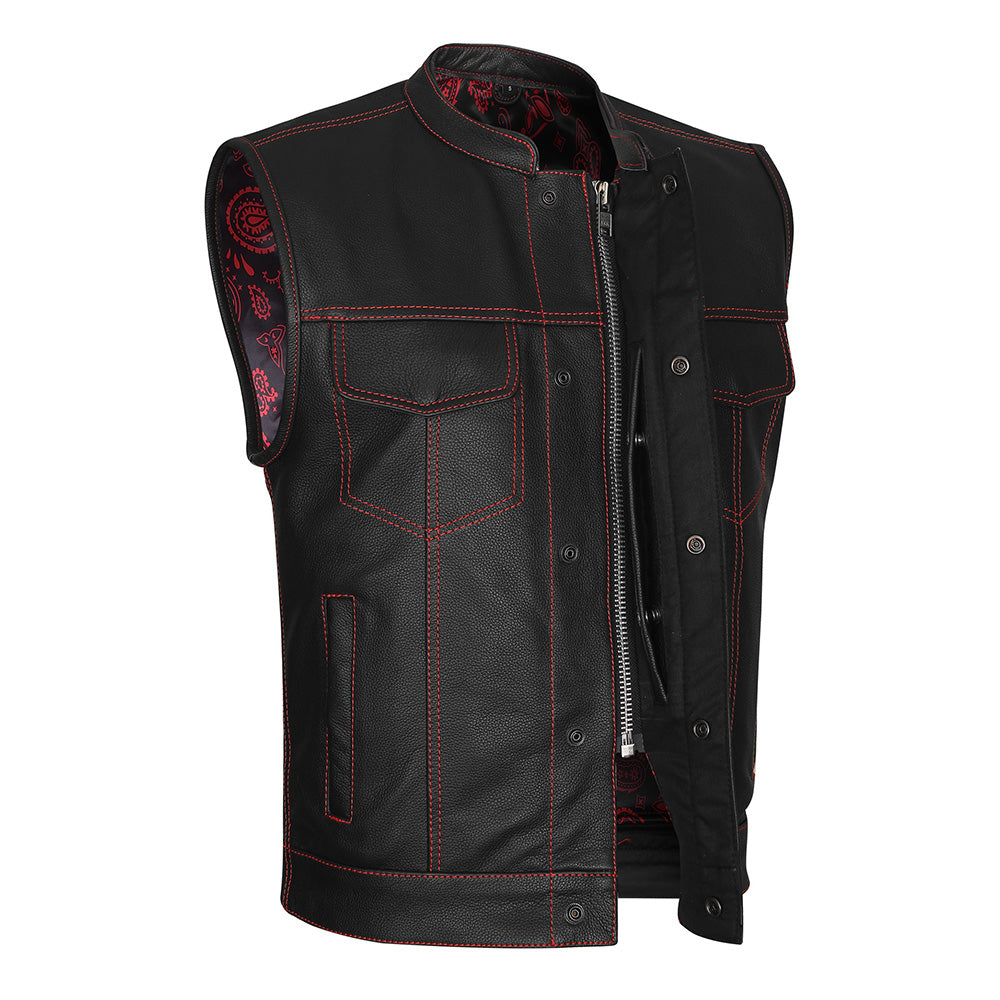 Leather Universe 522 Red Stitch Biker Vest with Black and Red Bandana Liner