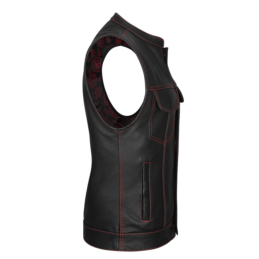 Leather Universe 522 Red Stitch Biker Vest with Black and Red Bandana Liner
