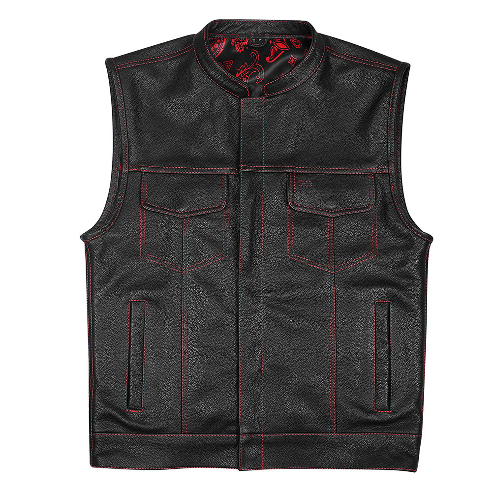 Leather Universe 522 Red Stitch Biker Vest with Black and Red Bandana Liner