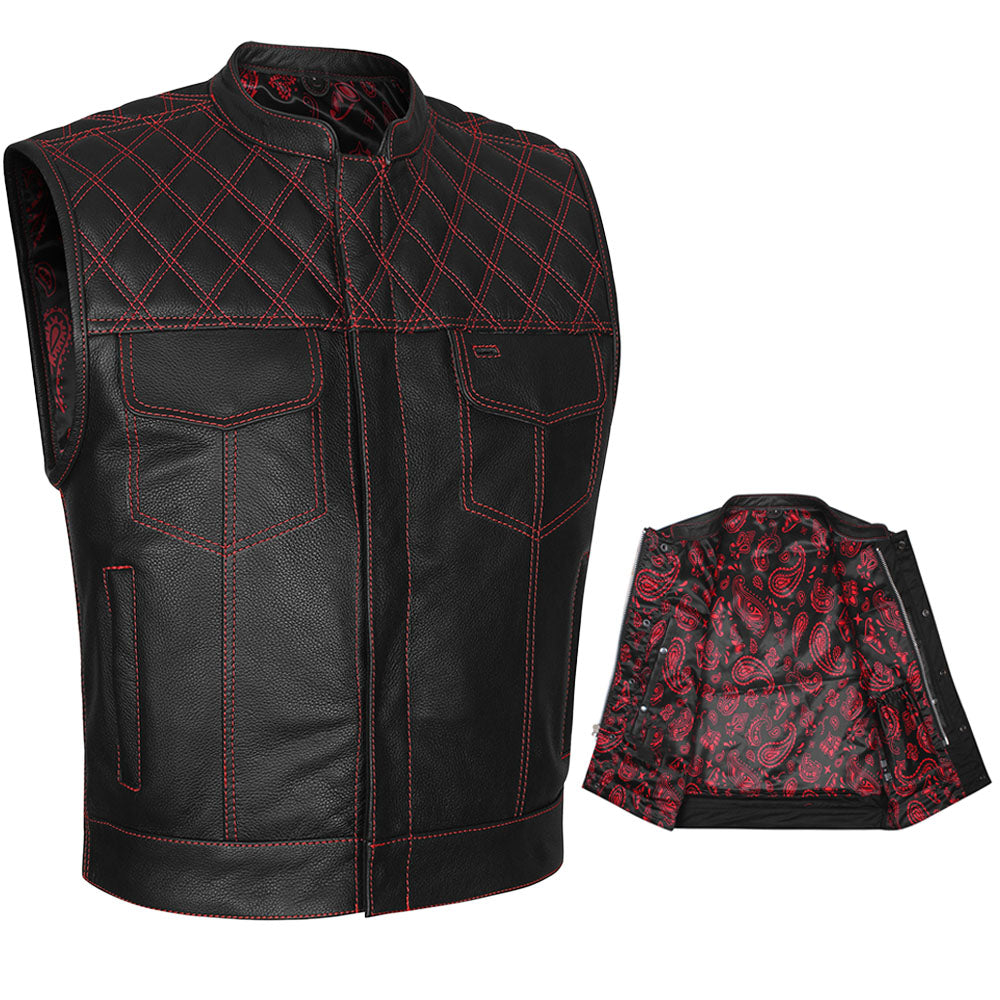 Leather Universe 524RD Diamond Vest with Red Stitch and Red and Black Bandana Liner