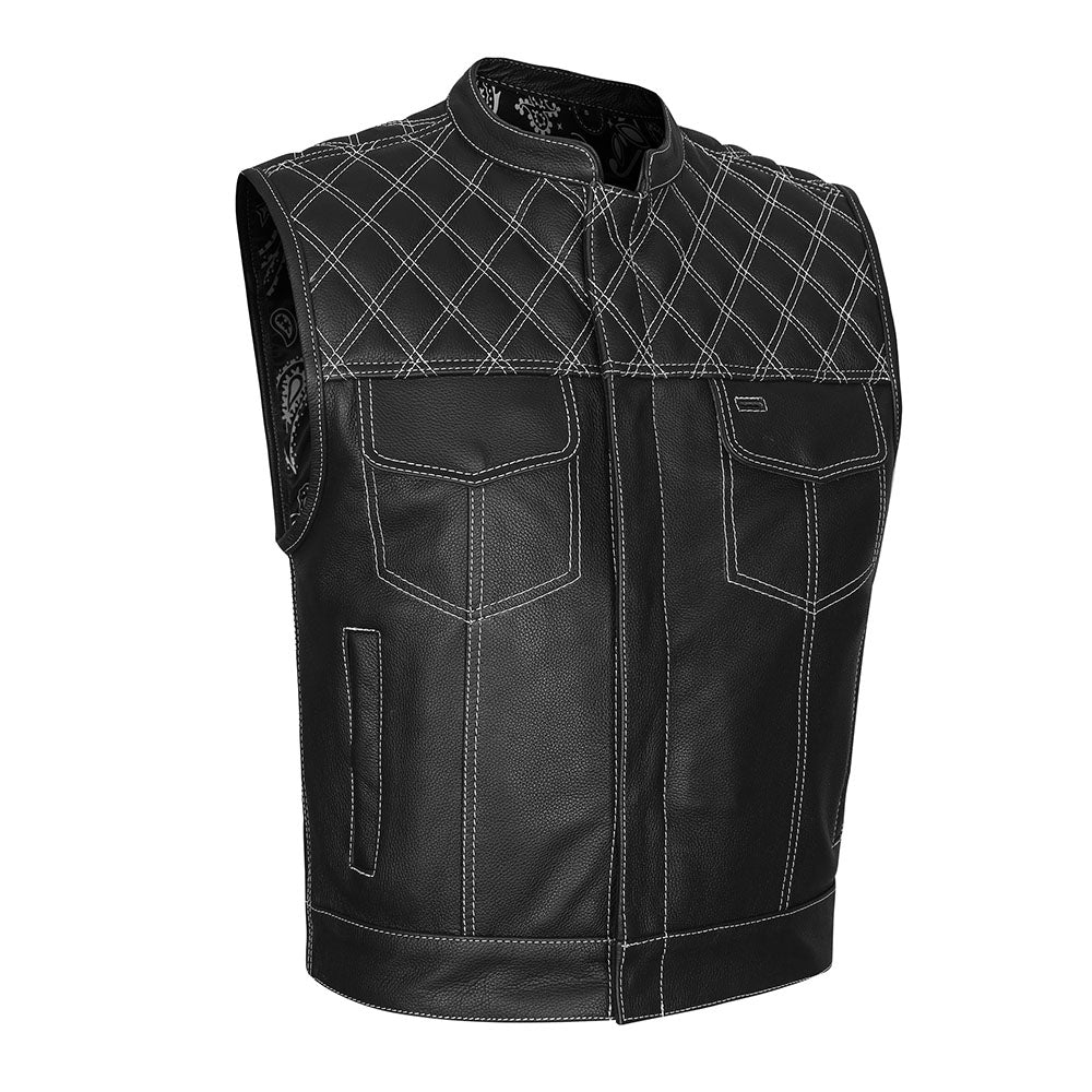 Leather Universe 524WH Diamond Vest with White Stitch and White and Black Bandana Liner