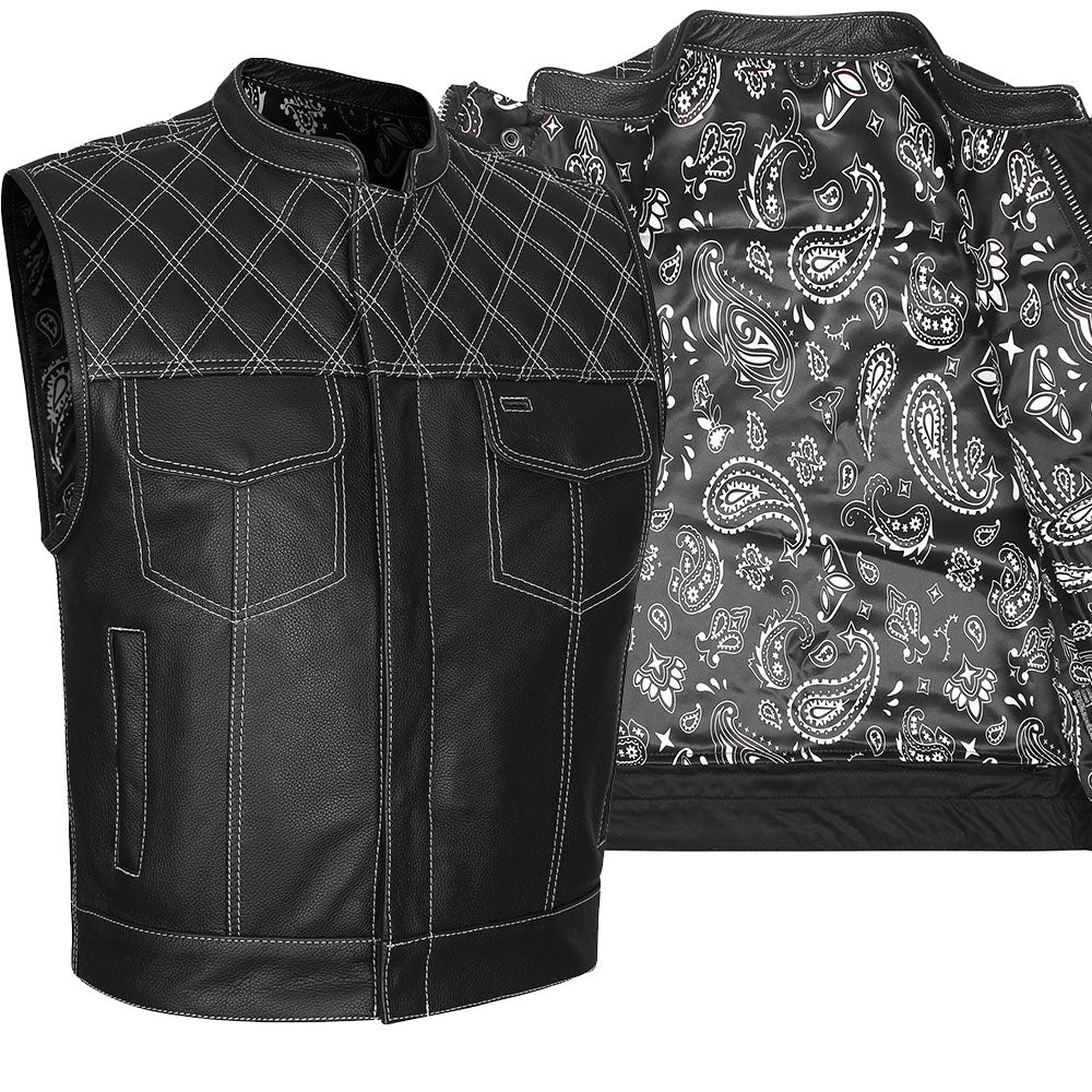 Leather Universe 524WH Diamond Vest with White Stitch and White and Black Bandana Liner