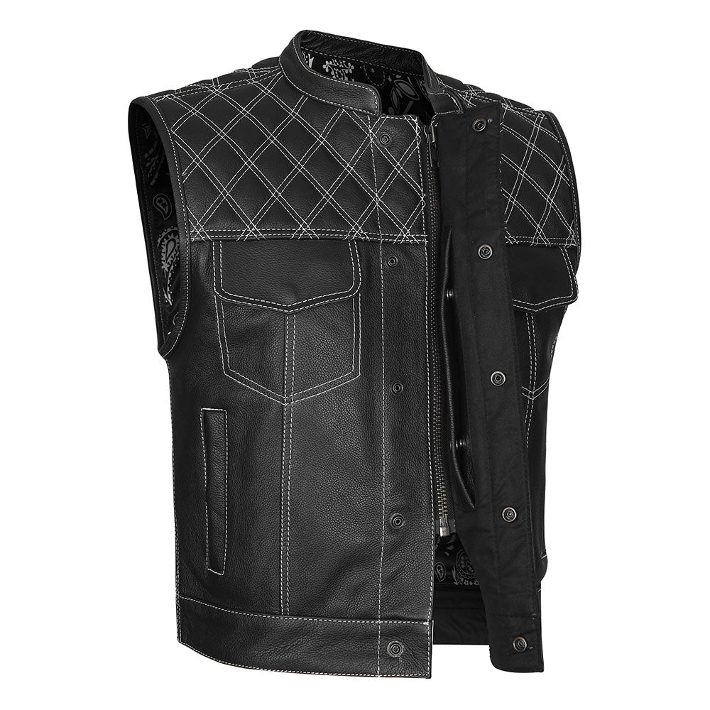 Leather Universe 524WH Diamond Vest with White Stitch and White and Black Bandana Liner