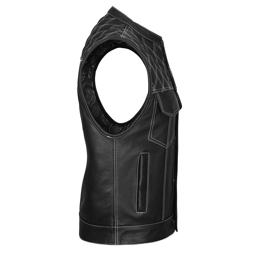 Leather Universe 524WH Diamond Vest with White Stitch and White and Black Bandana Liner