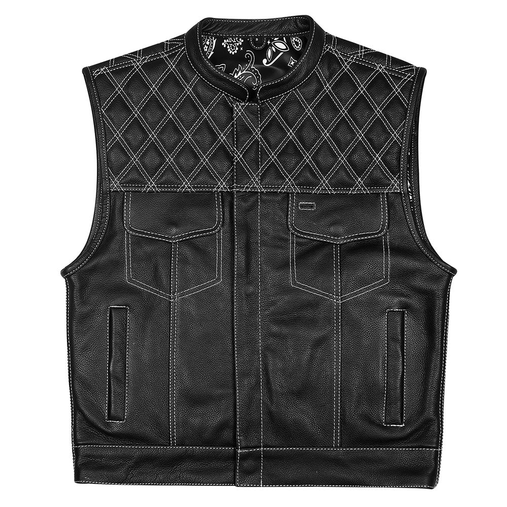 Leather Universe 524WH Diamond Vest with White Stitch and White and Black Bandana Liner