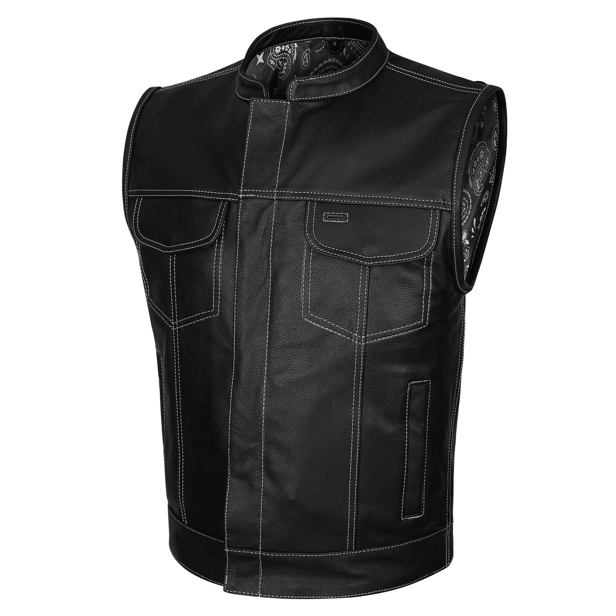Leather Universe 522 White Stitch Biker Vest with Black and White Bandana Liner