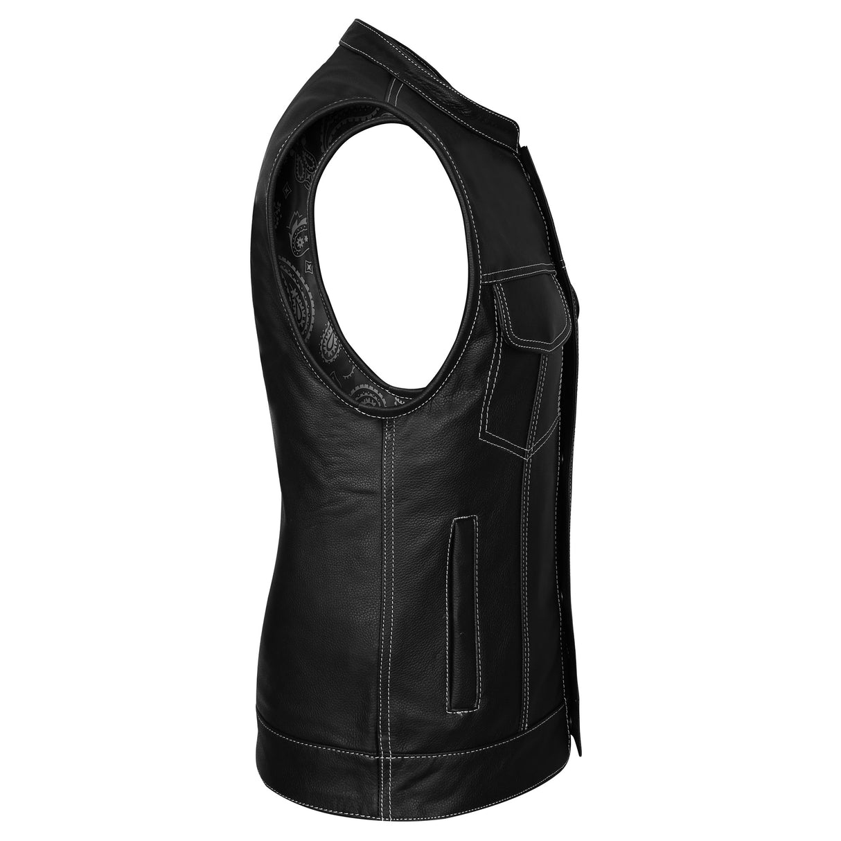Leather Universe 522 White Stitch Biker Vest with Black and White Bandana Liner
