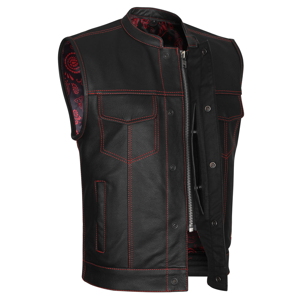 Leather Universe 524RD Diamond Vest with Red Stitch and Red and Black Bandana Liner