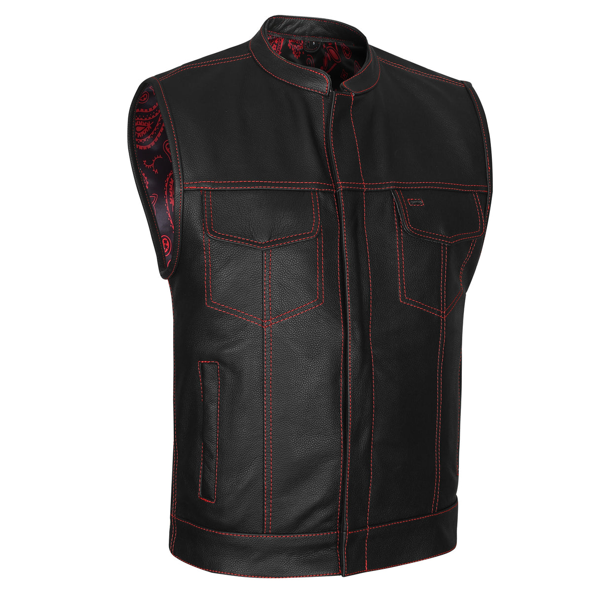 Leather Universe 524RD Diamond Vest with Red Stitch and Red and Black Bandana Liner