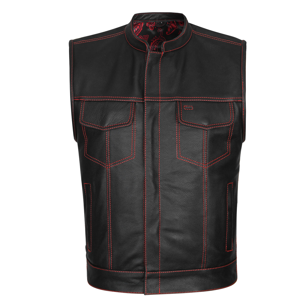 Leather Universe 524RD Diamond Vest with Red Stitch and Red and Black Bandana Liner