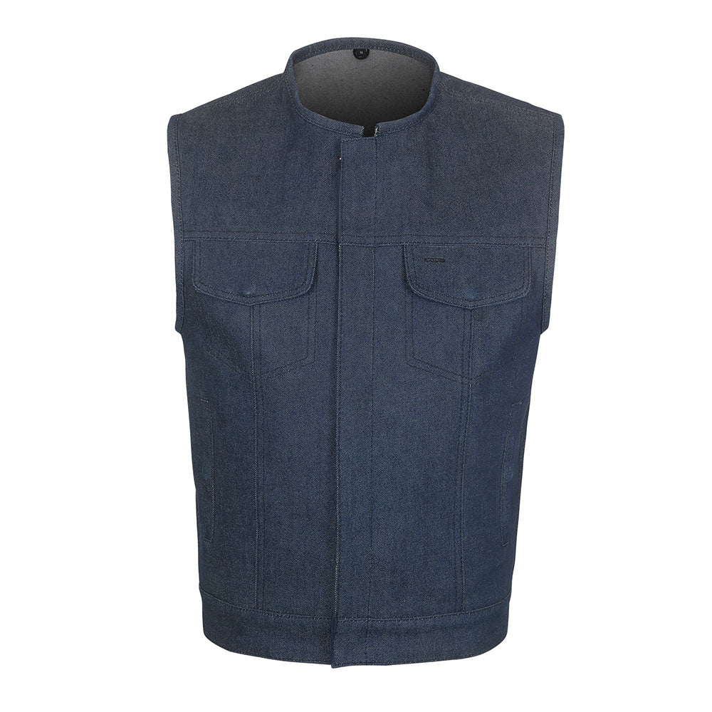 Leather Universe 309 Dark Blue Raw Denim Vest with Rolled Collar and No Liner