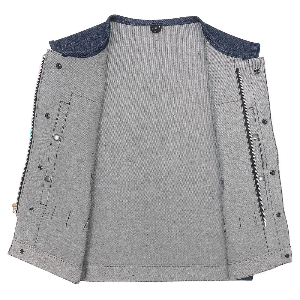 Leather Universe 309 Dark Blue Raw Denim Vest with Rolled Collar and No Liner