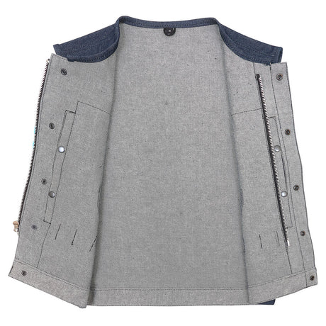 Leather Universe 309 Dark Blue Raw Denim Vest with Rolled Collar and No Liner