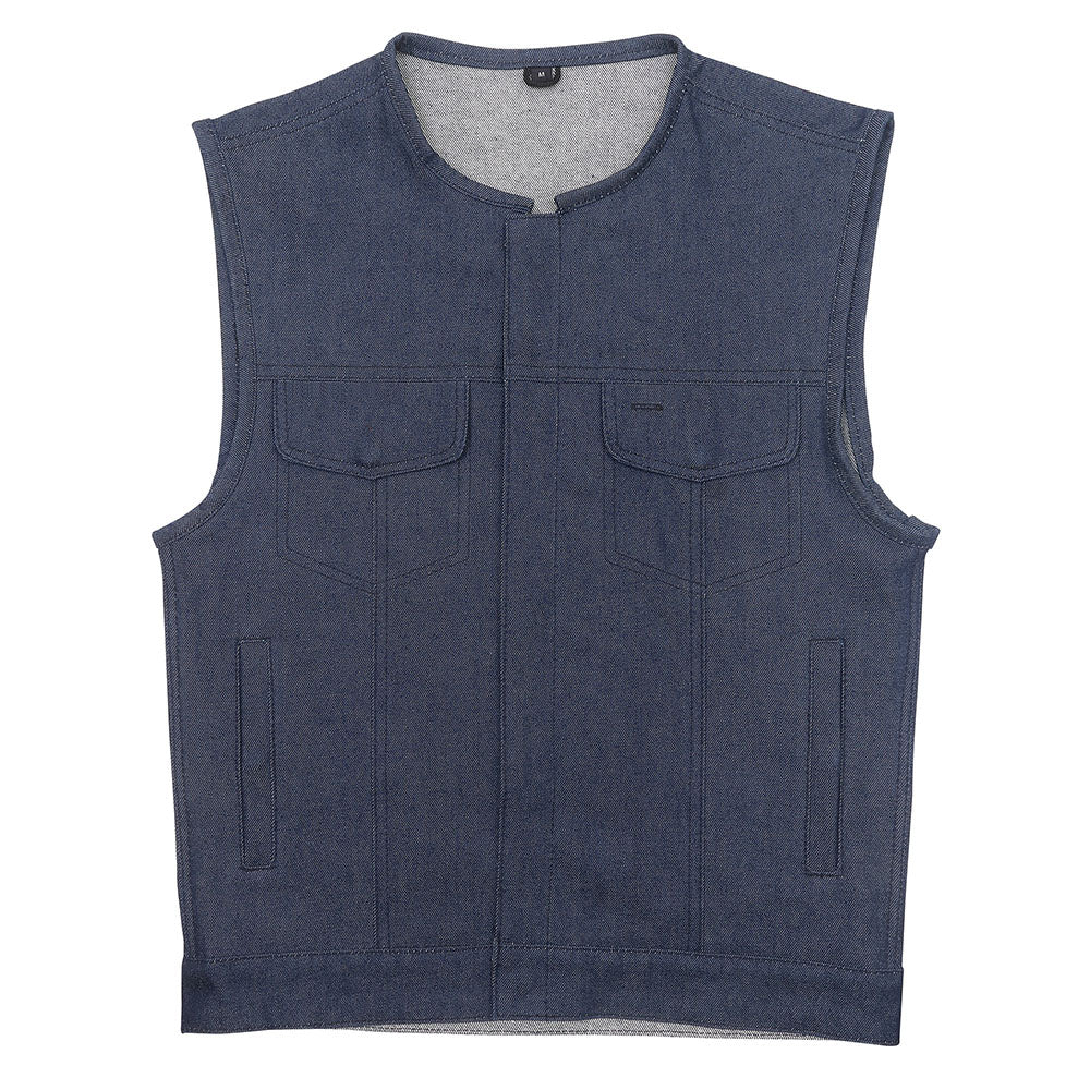 Leather Universe 309 Dark Blue Raw Denim Vest with Rolled Collar and No Liner