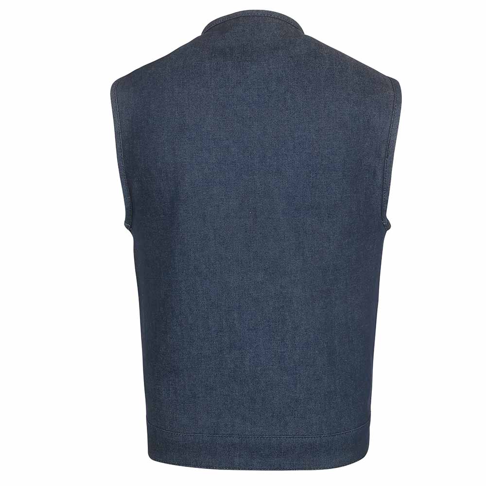 Leather Universe 309 Dark Blue Raw Denim Vest with Rolled Collar and No Liner
