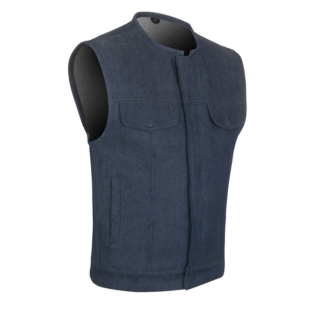 Leather Universe 309 Dark Blue Raw Denim Vest with Rolled Collar and No Liner
