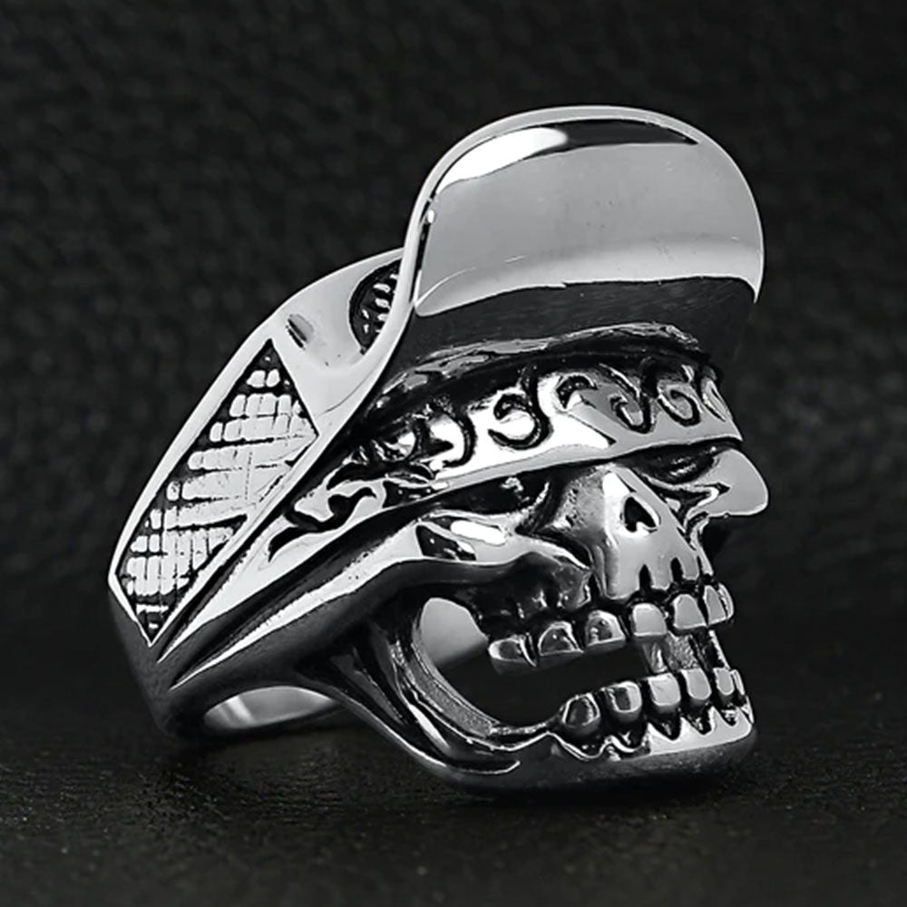 Skull with Trucker Hat - Stainless Steel Ring