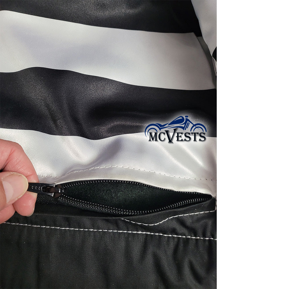 Diamond White Stitch Leather Vest with Black and White USA Flag Liner by MCVESTS