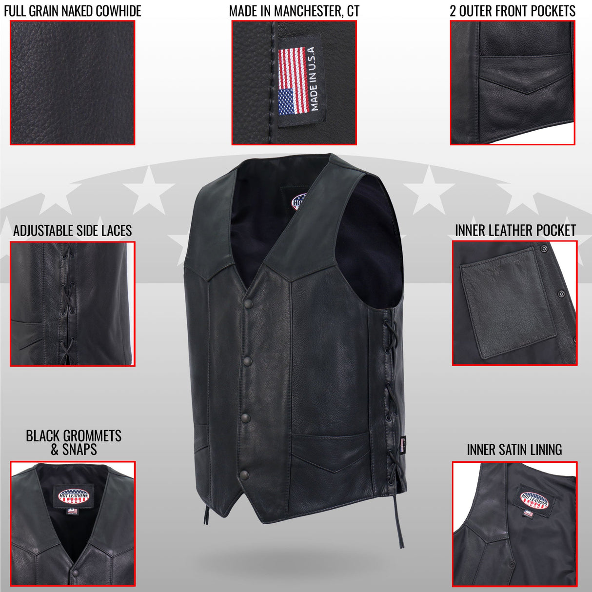 Made in USA - Hot Leathers VSM5008 Men's Side Lace Premium Leather Motorcycle Biker Vest