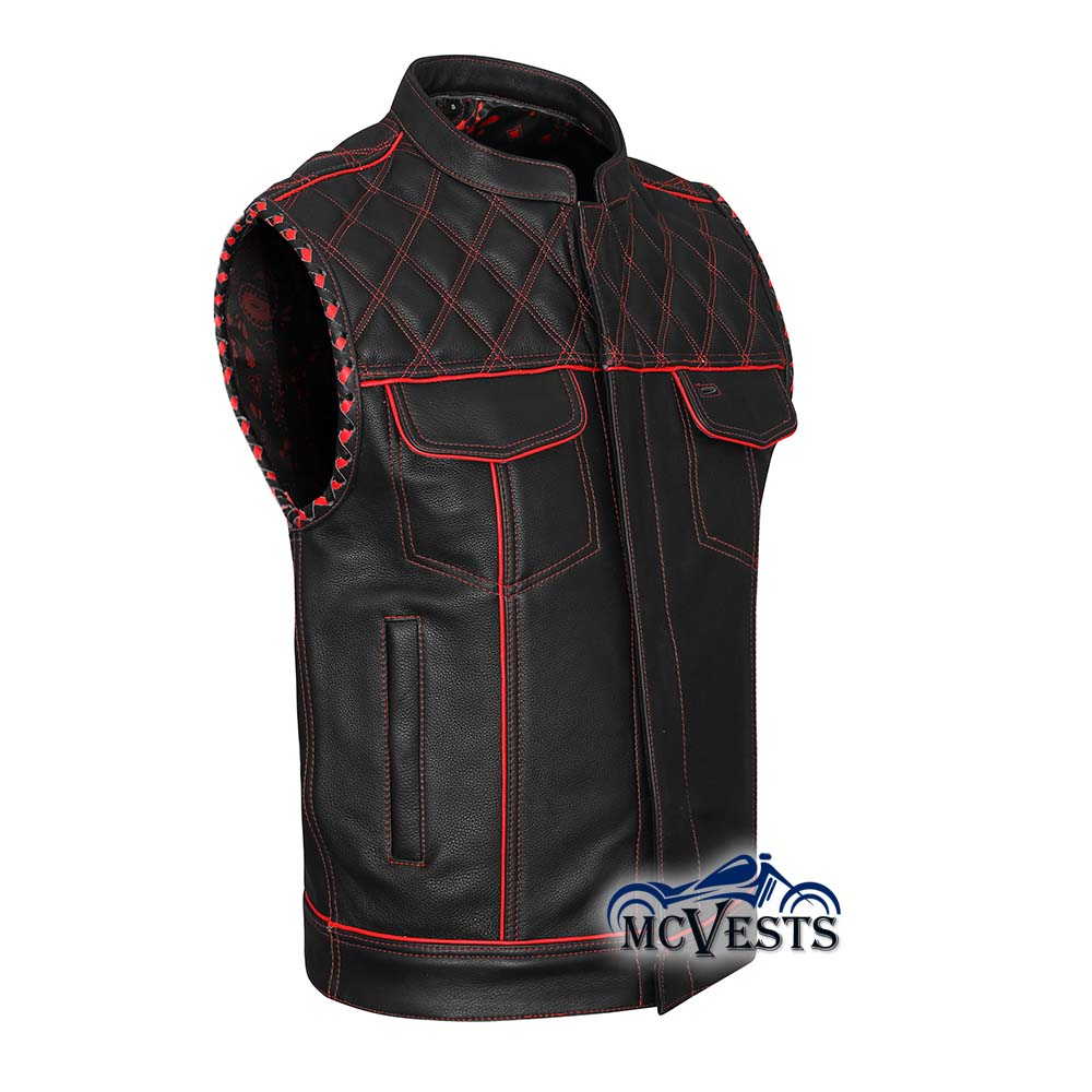 Red Stitch Diamond Vest with Black and Red Bandana Liner and Red Braid and Piping
