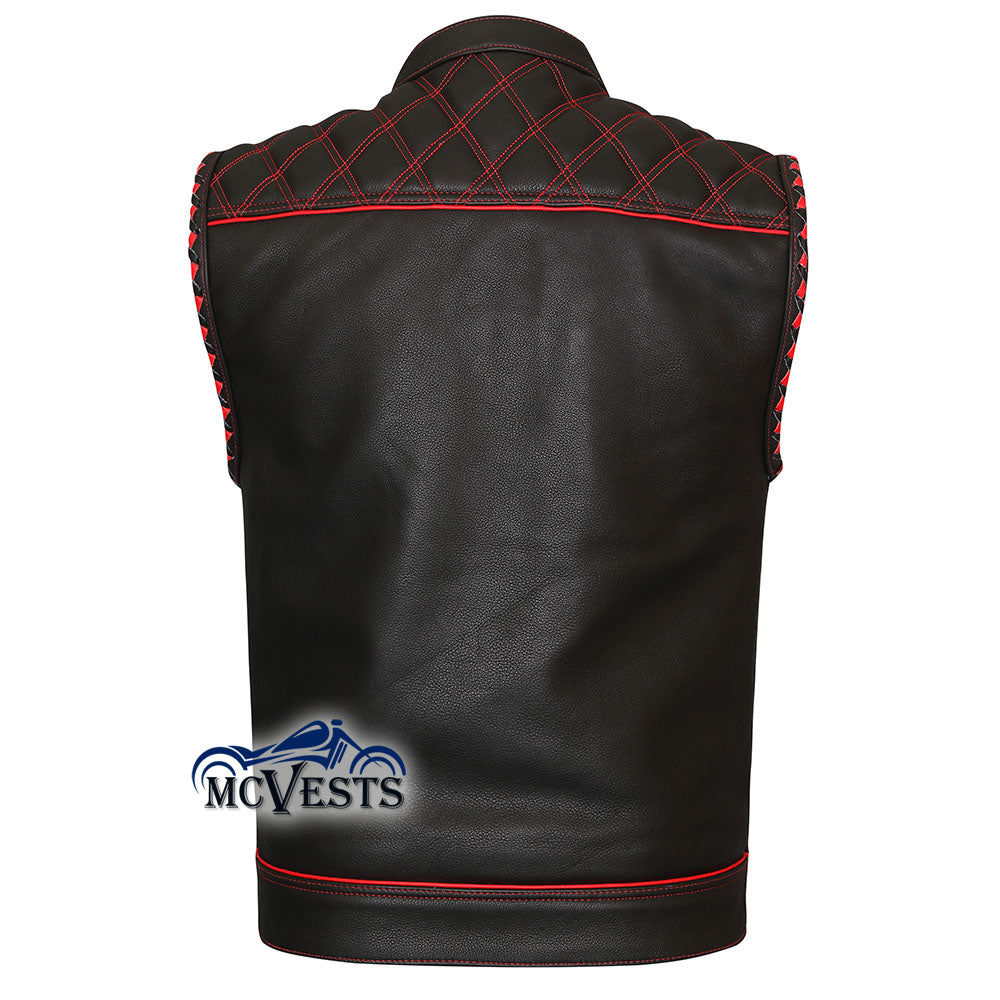Red Stitch Diamond Vest with Black and Red Bandana Liner and Red Braid and Piping