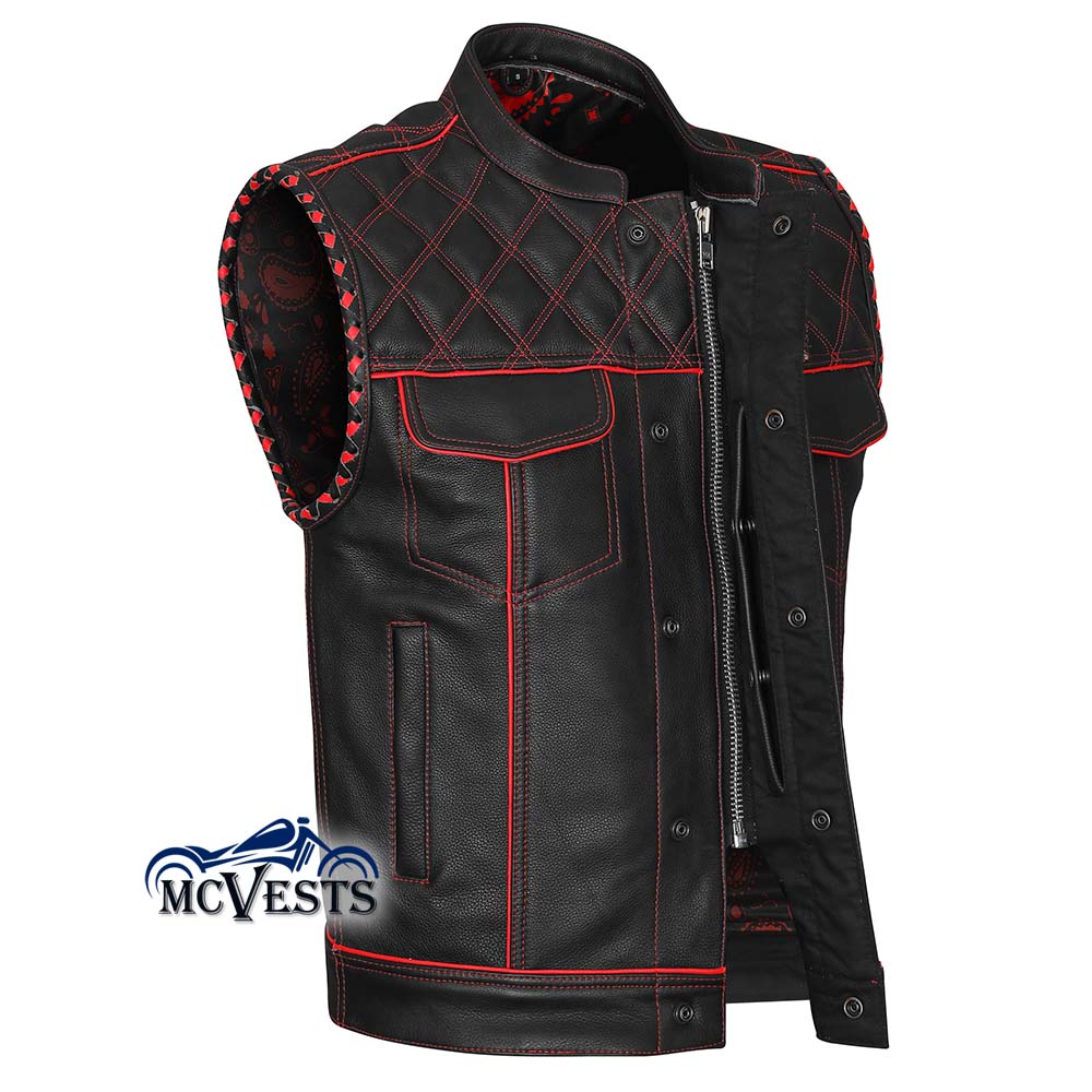 Red Stitch Diamond Vest with Black and Red Bandana Liner and Red Braid and Piping