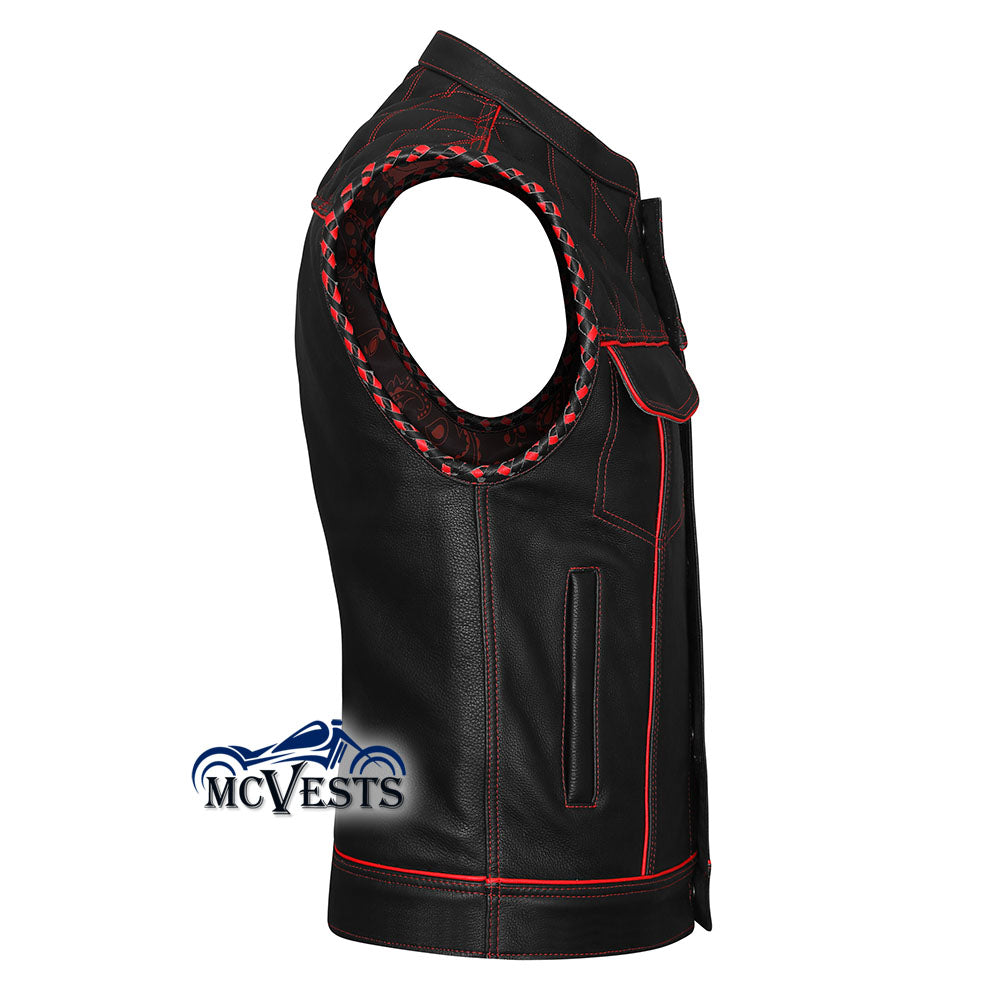 Red Stitch Diamond Vest with Black and Red Bandana Liner and Red Braid and Piping