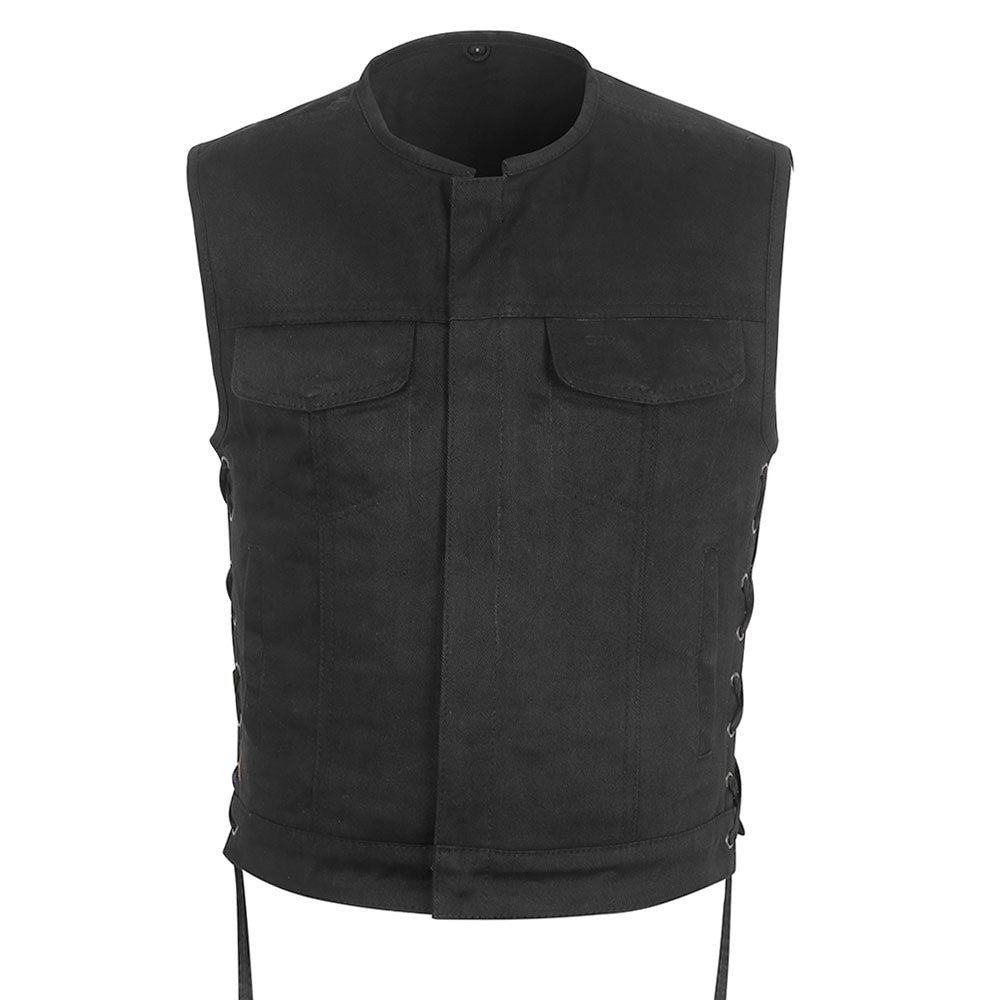 Leather Universe 303 Black Denim Vest with Side Laces and No Liner
