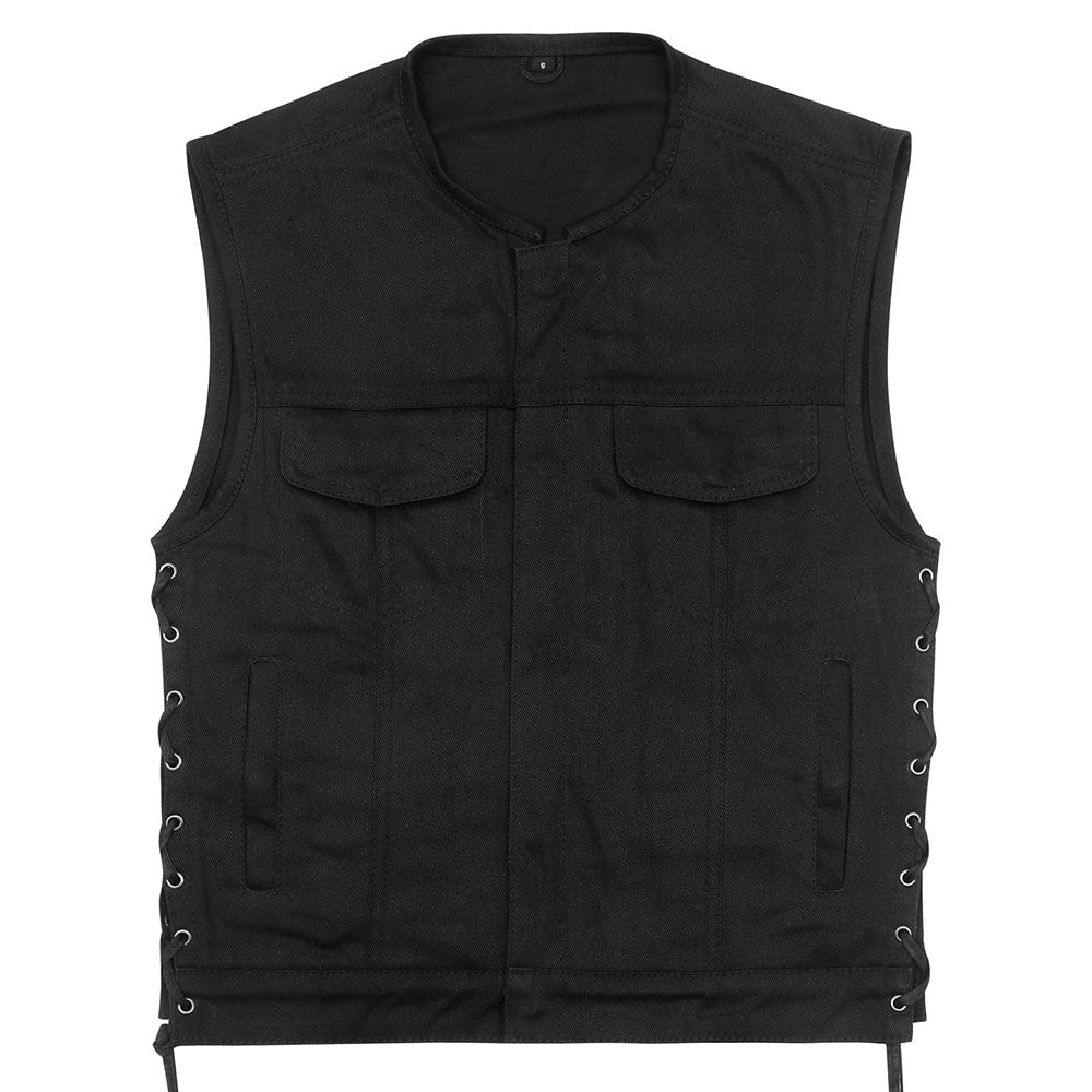 Leather Universe 303 Black Denim Vest with Side Laces and No Liner