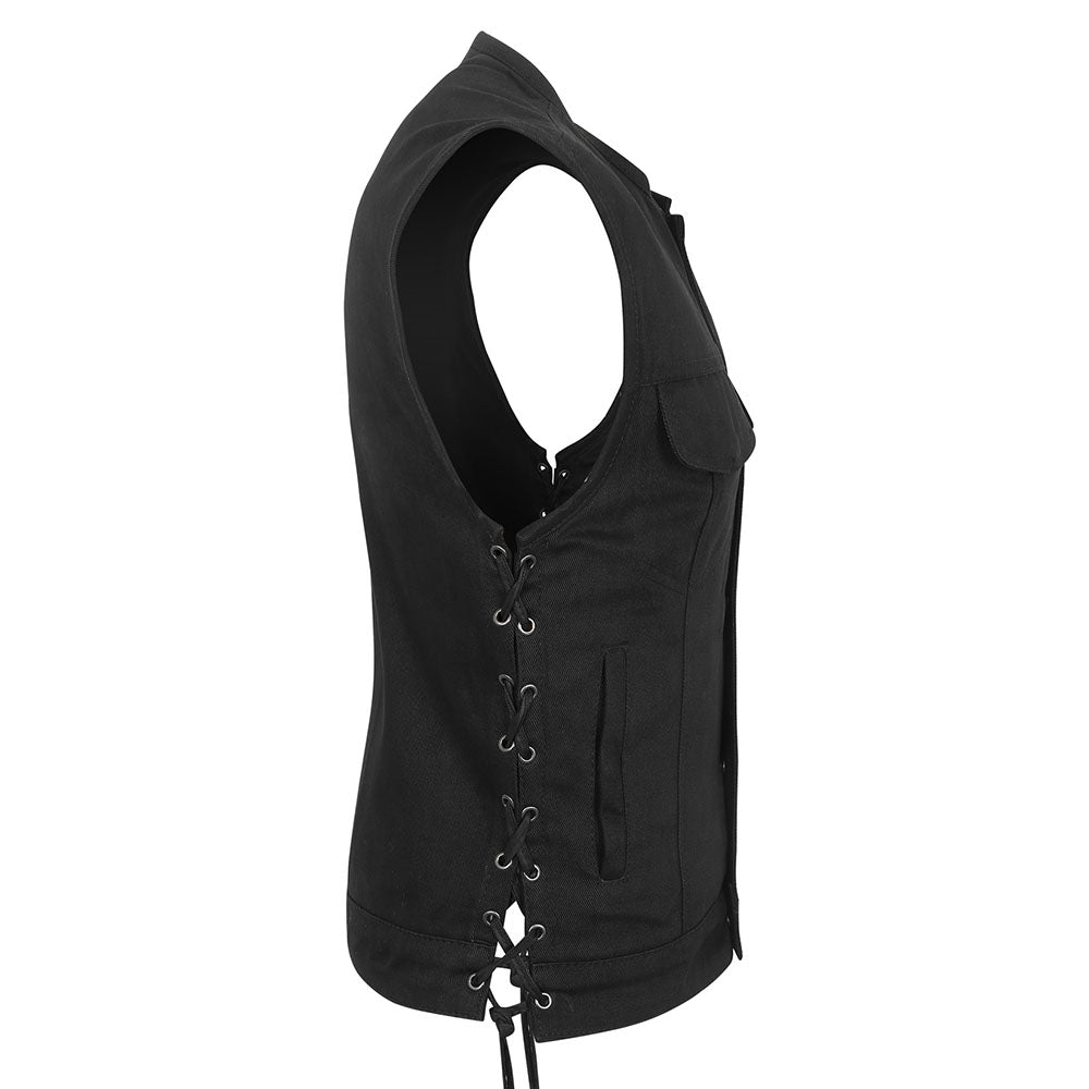 Leather Universe 303 Black Denim Vest with Side Laces and No Liner