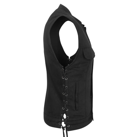 Leather Universe 303 Black Denim Vest with Side Laces and No Liner