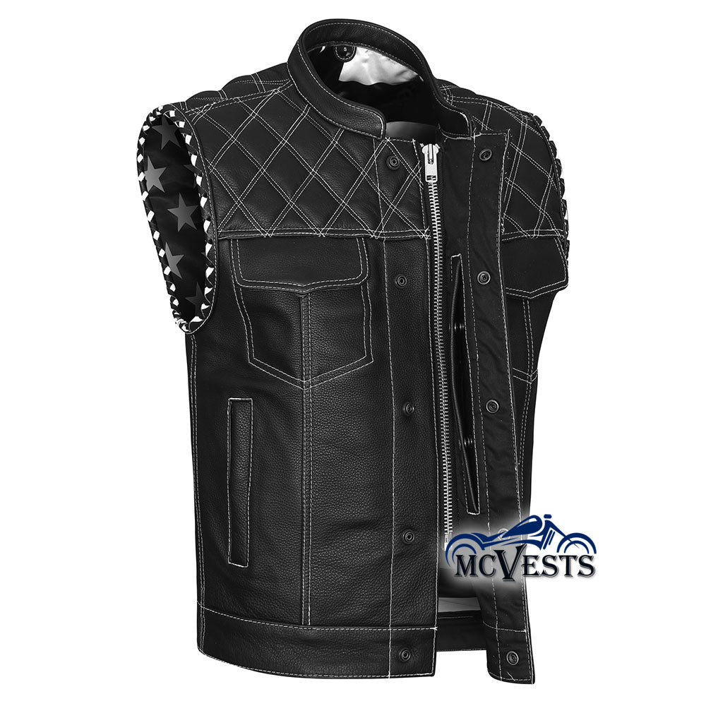 Diamond White Stitch Leather Vest with Black and White USA Flag Liner by MCVESTS