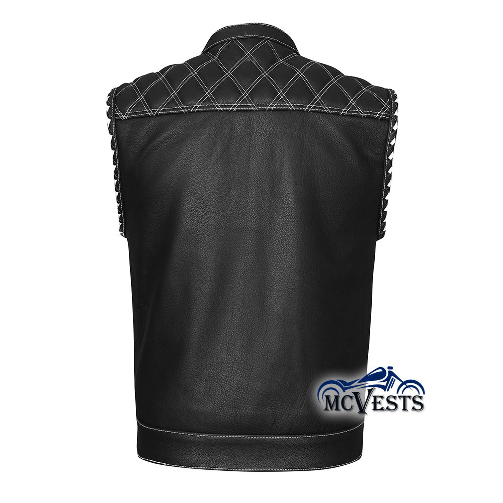 Diamond White Stitch Leather Vest with Black and White USA Flag Liner by MCVESTS