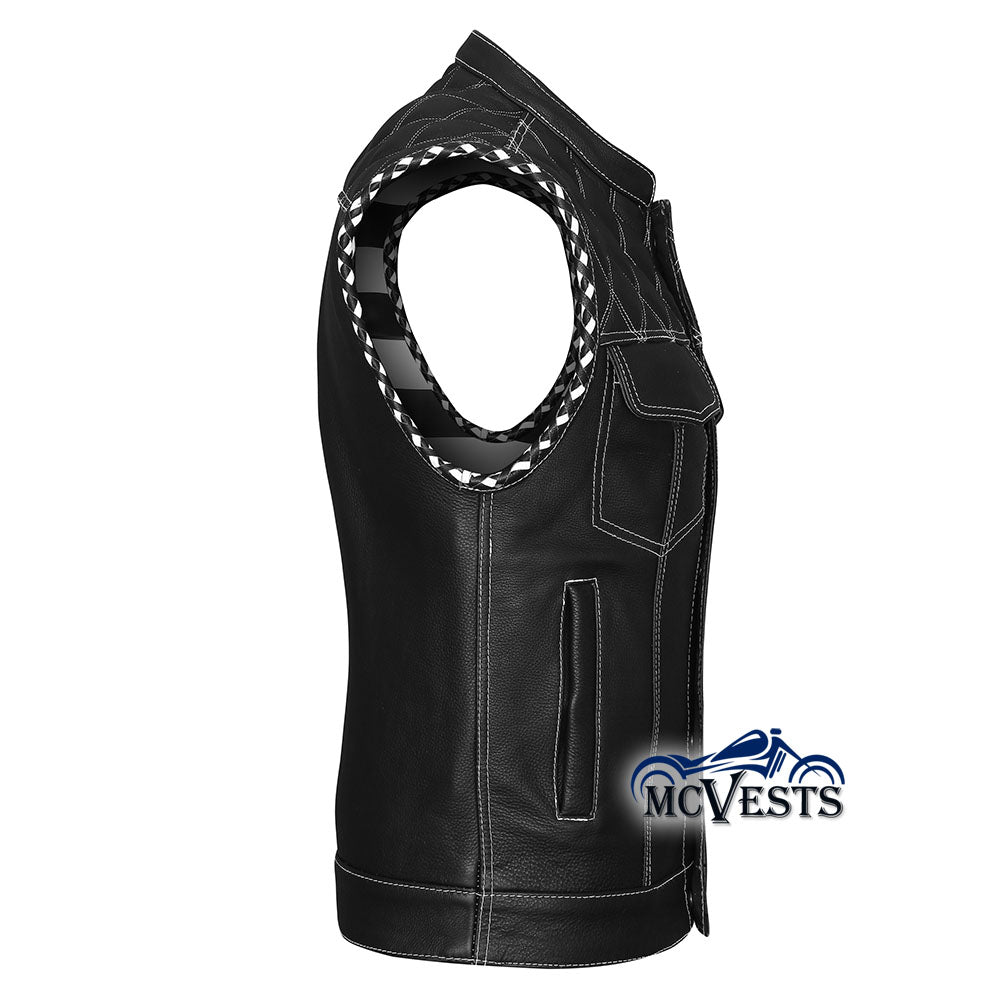 Diamond White Stitch Leather Vest with Black and White USA Flag Liner by MCVESTS
