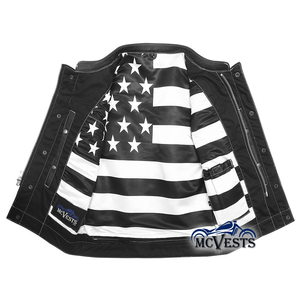 Diamond White Stitch Leather Vest with Black and White USA Flag Liner by MCVESTS