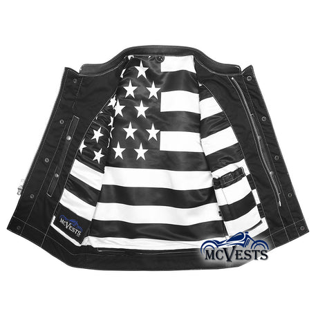 Diamond White Stitch Leather Vest with Black and White USA Flag Liner by MCVESTS