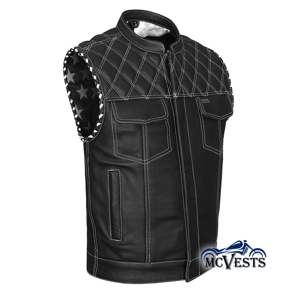 Diamond White Stitch Leather Vest with Black and White USA Flag Liner by MCVESTS