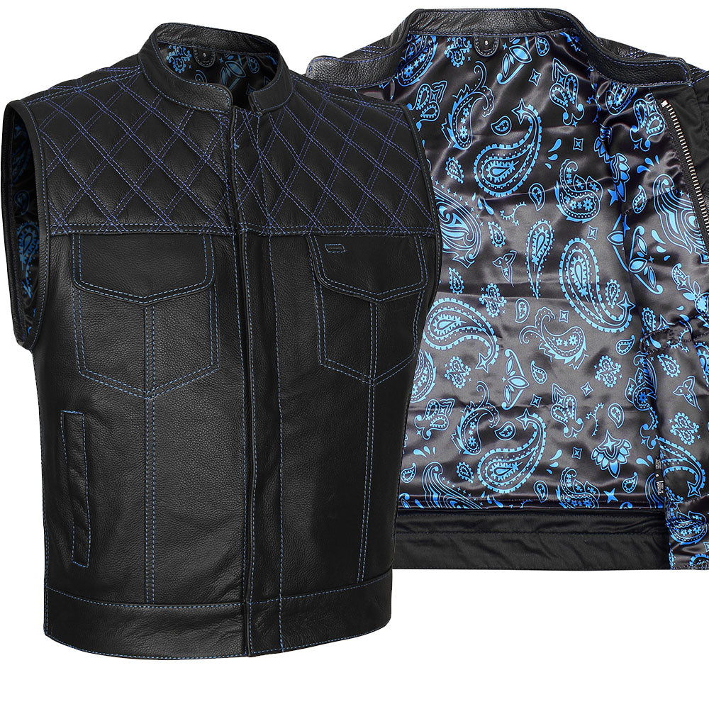 Leather Universe 524BU Diamond Vest with Blue Stitch and Blue and Blac