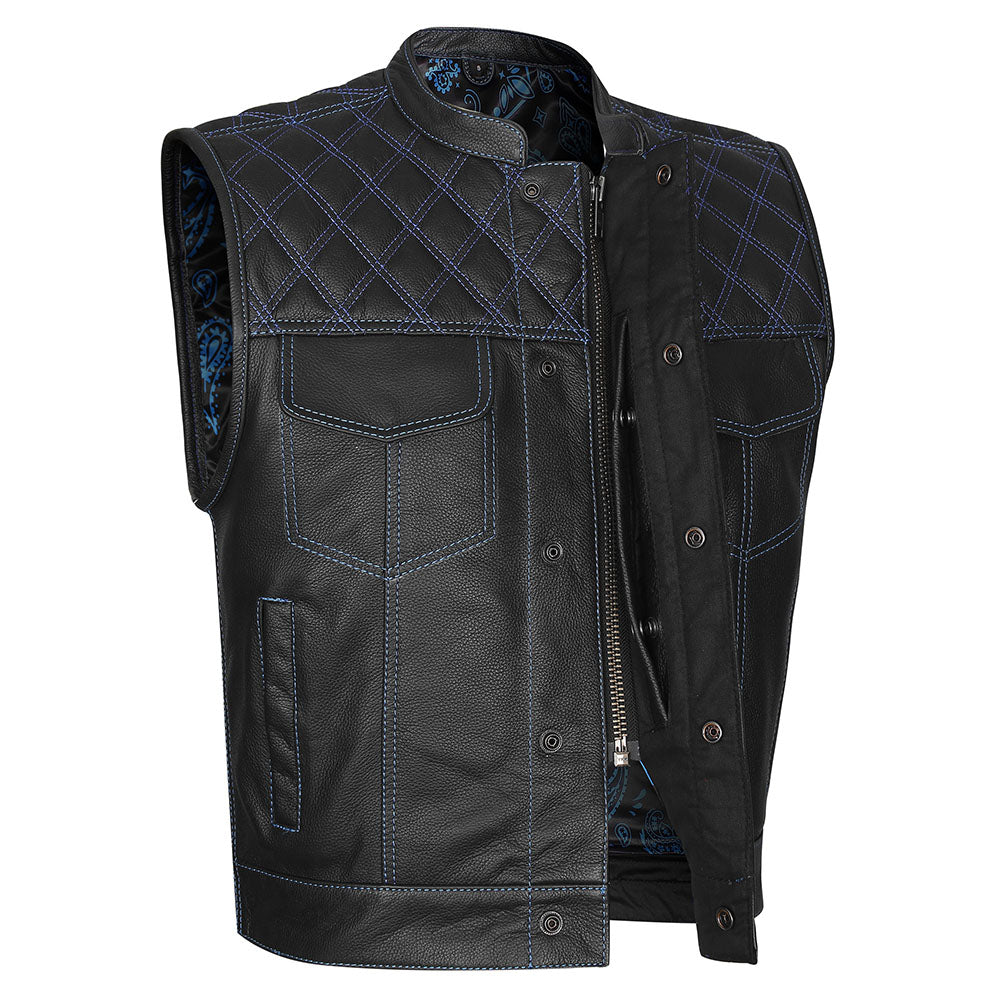 Leather Universe 524BU Diamond Vest with Blue Stitch and Blue and Blac