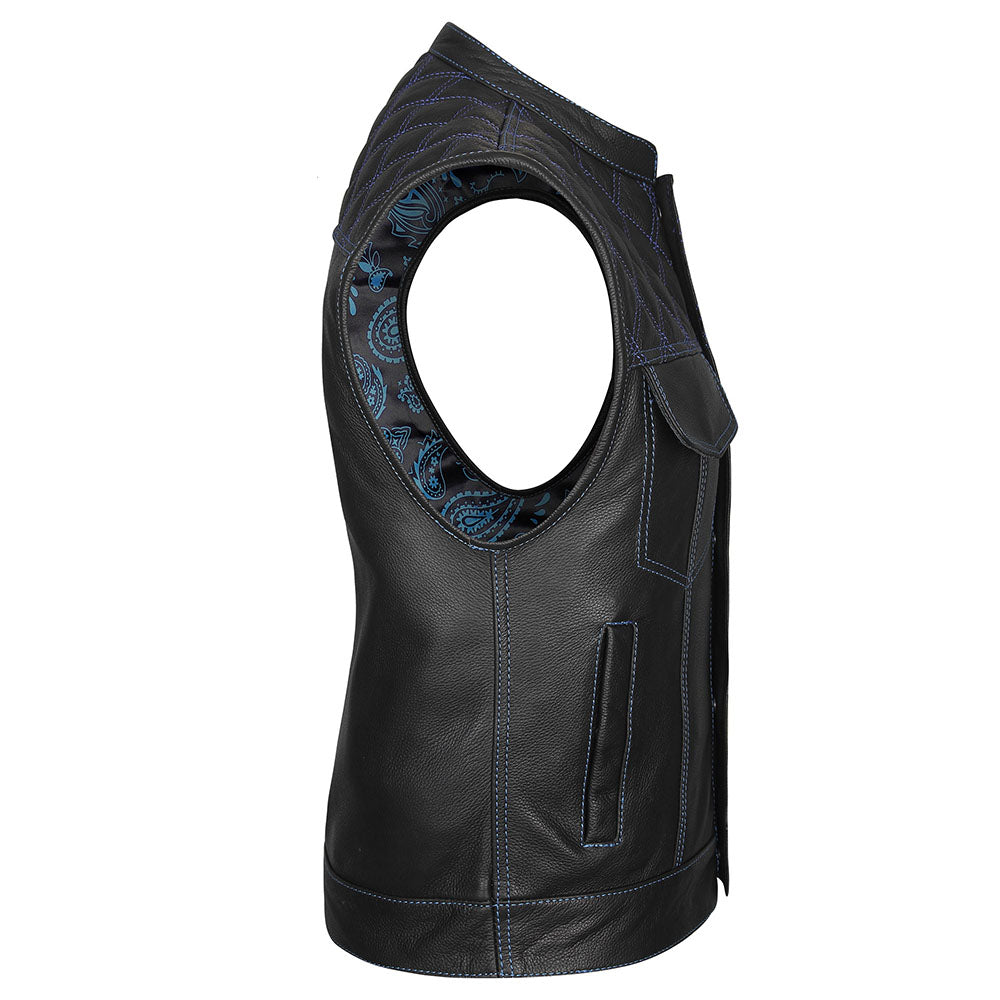 Leather Universe 524BU Diamond Vest with Blue Stitch and Blue and Blac