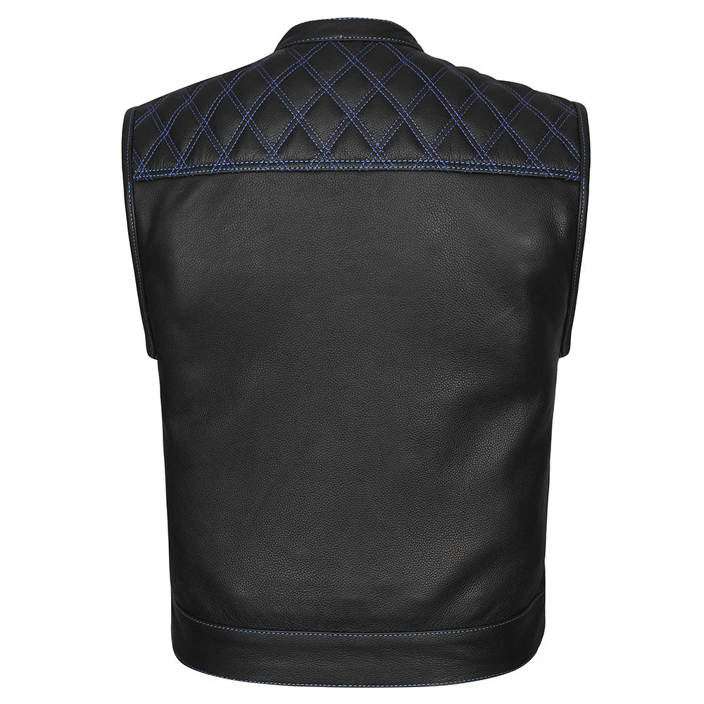 Leather Universe 524BU Diamond Vest with Blue Stitch and Blue and Blac