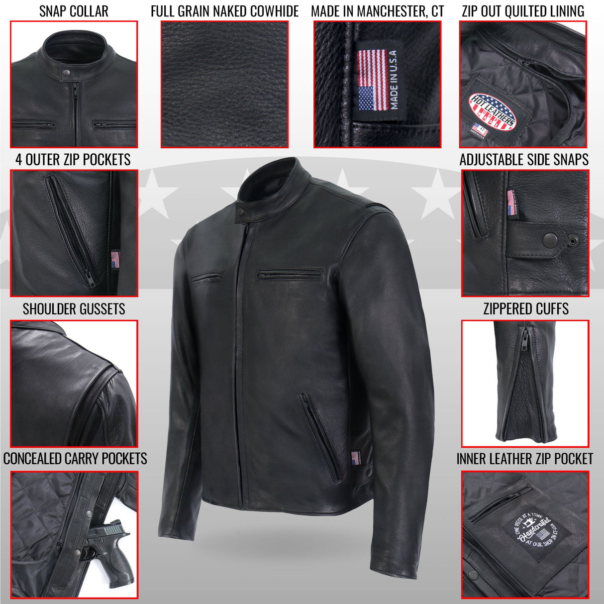 Made in the USA - Hot Leathers JKM5001 Men's Premium Leather Motorcycle Racer Jacket
