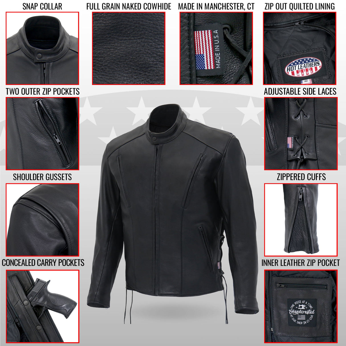 Made in the USA - Hot Leathers JKM5002 Men's Vented Premium Leather Biker Jacket with Side Lace