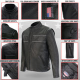 Made in the USA - Hot Leathers JKM5003 Men’s Premium Black Leather Motorcycle Jacket with Reflective Piping