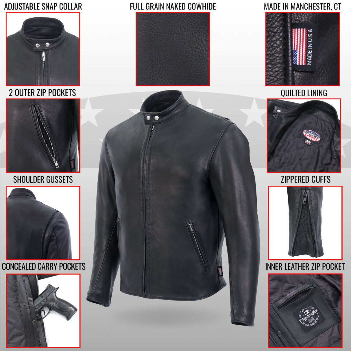 Made in the USA - Hot Leathers JKM5006 Men's Black Leather Motorcycle Biker Jacket
