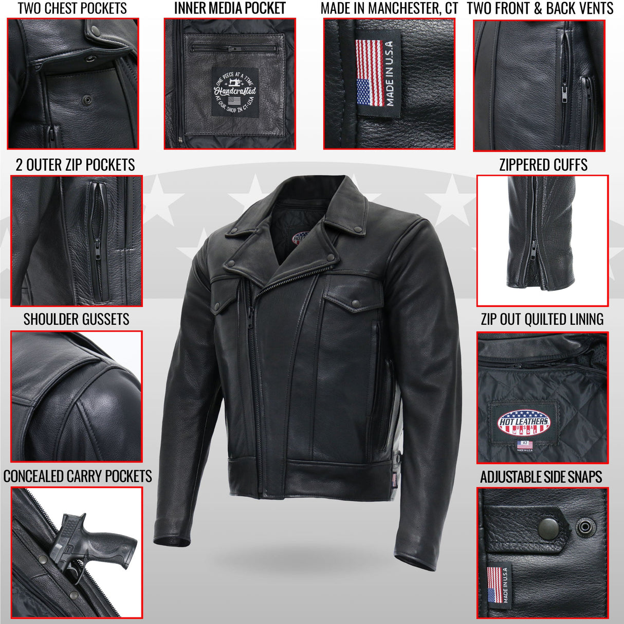 Made in the USA - Hot Leathers JKM5008 Men's Black Premium Leather Vented Biker Jacket