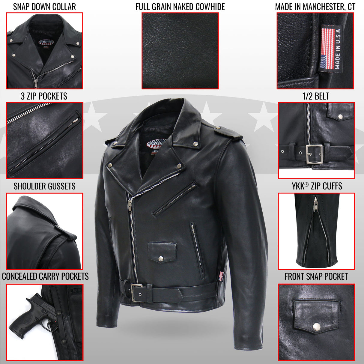 Made in the USA - Hot Leathers JKM5009 Men's Black Premium Leather Classic Motorcycle Biker Jacket