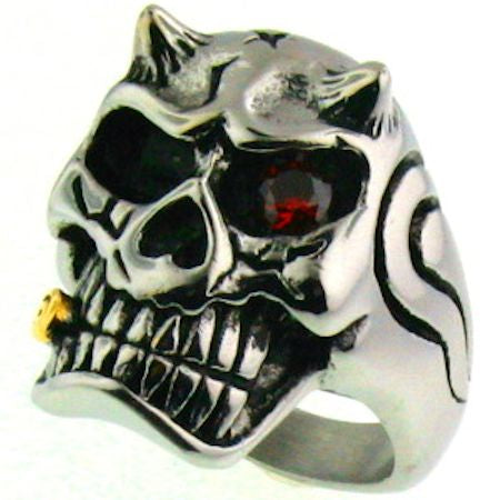 Devil Skull with Red CZ Eye - Stainless Steel Ring